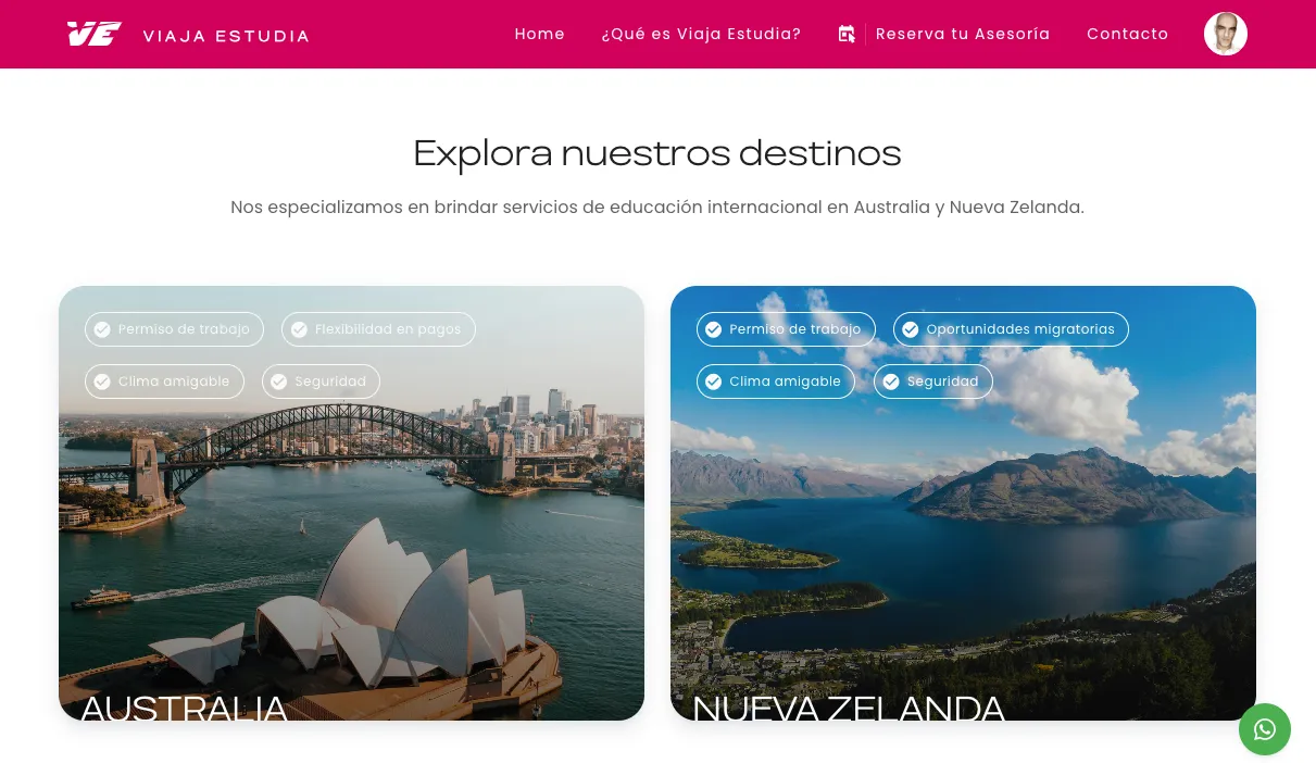 Interface of the platform developed for Viaja Estudia