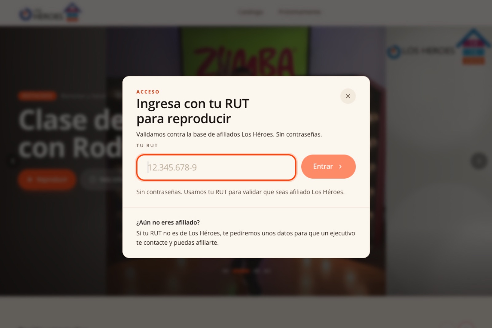 Chilean RUT login screen